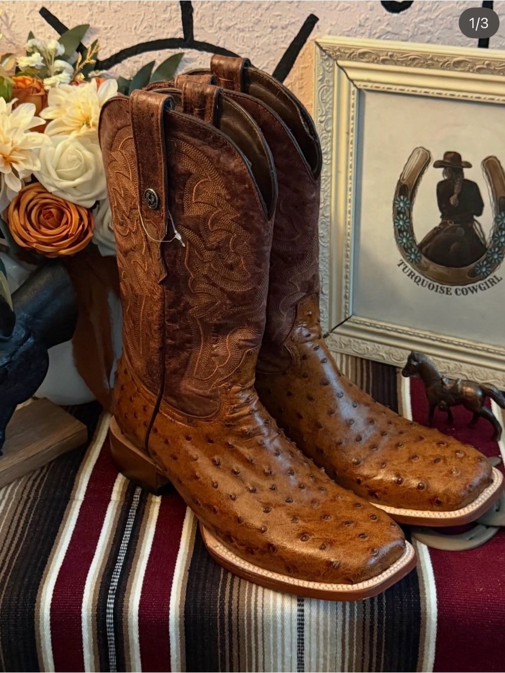 Men’s Tanner Mark Ostrich Print broad square toe boots